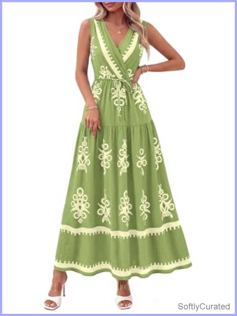Womens Floral Maxi Dress Sleeveless V-Neck Belt Ruffle Long Boho Summer Beach
